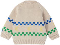 Knit recycled cotton sweater. Jacquard check pattern and graphics throughout. · Rib-knit crewneck, hem, and cuffs · Button fastening at shoulder · Raglan sleeves · Logo embroidered at cuff Supplier color: Off-White Bobo Choses Size : child's height 1M: 22 / 56 cm 3M: 23.5 / 59.7 cm 6M: 26.5 / 67.3 cm 9M: 28 / 71.1 cm 12M: 29.5 / 74.9 cm 18M: 32 / 81.3 cm 24M: 34 / 86.4 cm Moon Sweater, Baby Outerwear, Baby Bottoms, Kids Outerwear, Kids Pants, Knit Crewneck, Baby Sweaters, Cotton Fleece, Check Pattern