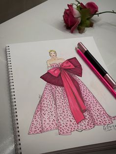 a drawing of a woman in a pink dress