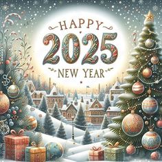 a happy new year card with christmas trees and presents