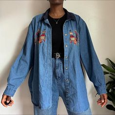 vintage oversized cottage button up long sleeves denim shirt  Size: 26W/28W  Fits model like a size L/XL Model is size S  Height 5'9 💛Please refer to measurements for accurate fit💛 Shoulder to shoulder: 21.5 Pit to pit: 29.5" Arm length unfolded: 24.5" Length: 32" Brand: Bobbie Brook Material: 100% Cotton  📌Please read shop policy📌 💕Please check last picture for minor flaws💕 💕Ask me any questions💕 #depop #flannelshirt #vintage #streetwear #vintage Vintage Button-up Denim Top, Vintage Long Sleeve Denim Top With Button Closure, Vintage Blue Button-up Denim Top, Vintage Medium Wash Button-up Denim Top, Vintage Medium Wash Denim Button-up Top, Vintage Collared Medium Wash Denim Top, Vintage Collared Denim Top In Medium Wash, Oversized Long Sleeve Medium Wash Denim Top, Vintage Dark Wash Relaxed Fit Denim Top