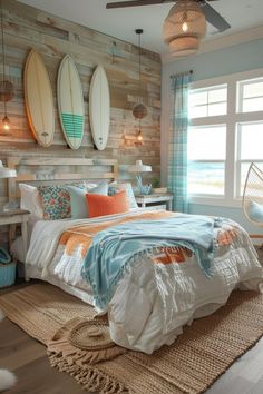 a bed room with a neatly made bed and two surfboards on the wall above it