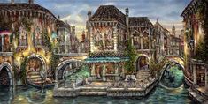 a painting of an old city by the water