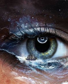 an eye with the reflection of a ship in it's iris and stars above