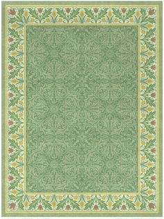 a green and yellow rug with an ornate design on the bottom, surrounded by leaves