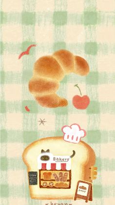 a drawing of a piece of bread with an apple on top and the words bakery above it