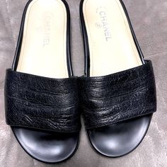 Reposhing This Item I Purchased From @Niki1052. Loved It, But Ready To Rotate For Something New. Questions? Leave A Comment Below! Chanel Leather Slides, Sandal Slides, Shoes Chanel, Chanel Black, Chanel Shoes, Slip On Sandal, Women's Shoes Sandals, Something New, Leather Sandals