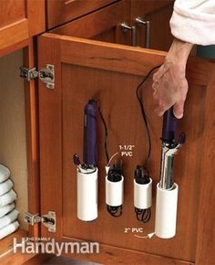 a person is holding two different tools in their kitchen cabinet