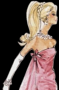 a drawing of a woman in a pink dress with pearls on her neck and arm