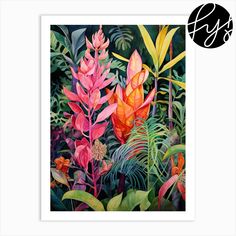 a painting of tropical plants and flowers