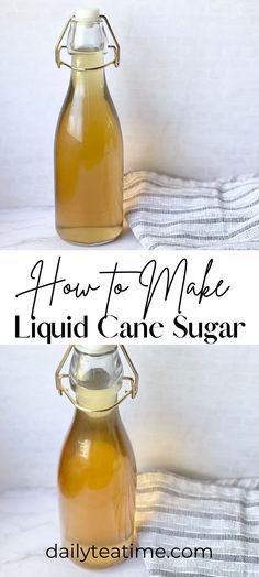 how to make liquid caramel sugar in a glass bottle with text overlay that reads, how to make liquid caramel sugar