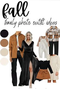 some people are dressed up and posing for the camera with text over them that says fall family photos outfit ideas