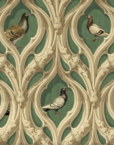 a flock of birds sitting on top of a green and beige wallpaper covered in ornate designs