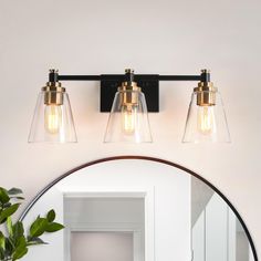 a bathroom vanity light with two clear glass shades