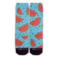 Chill out and relax this summer and enjoy a nice juicy slice of the good stuff while lounging in these watermelon pattern socks. These tube socks are made from a polyester blend with a black cotton toe cap. All socks are designed with an all over graphic print that won't crack or peel. Featuring an elastic cuff to create a tight, non-slip fit. Recommended for mens size 6-12. Machine washable, hang dry. Have more fun! ALL OVER PRINT -Plain white socks are boring! Our socks feature anall overprint Socks With Sandals, Sublimation Socks, Watermelon Slice, Watermelon Pattern, Watermelon Slices, Pattern Socks, White Socks, Patterned Socks, Novelty Socks