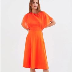 Round Neck Dress With Full Cut Short Sleeves. Back Neckline Detail With Ties. Model Height: 5’ 10” (177 Cm Box #91 Chic Orange A-line Midi Dress, Orange A-line Midi Dress For Evening, Elegant Orange Short Sleeve Midi Dress, Elegant Orange Midi Dress With Short Sleeves, Orange Midi Dress For Summer Workwear, Summer Orange Midi Dress For Workwear, Summer Workwear Orange Midi Dress, Elegant Orange Midi Dress By Zara, Zara Orange Fitted Midi Dress