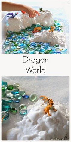 two pictures with the words dragon world and an image of a child's hand reaching for