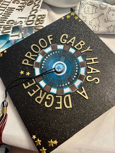 a graduation cap with the words, happy gar proof degree on it