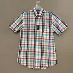 Van Heusen Small 14-14.5 Blue Plaid Button Down Short Sleeve Shirt Nwt Classic Multicolor Short Sleeve Shirt, Casual Light Blue Button-up Short Sleeve Shirt, Button Down Short Sleeve, Van Heusen, Mens Vans, Button Shirt, Blue Plaid, Casual Shirts For Men, Casual Button Down Shirts