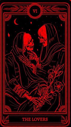 the lovers tarot card with two skeletons holding each other's hands, in red ink