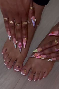 French tip toes, colorful pointy nails Acrylic Nails Pointy, Matching French Tip Nails And Toes, Different French Tip Styles, Long Pointy Nails, Matching Toes And Nails Ideas, French Tips Toes, Color French Tip, Stiletto French Tip, French Tips