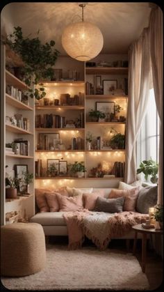 a living room filled with lots of furniture and bookshelves covered in lights on the wall