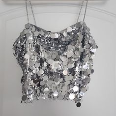 Beautiful Silver Sequence Shiny Crop Top With Spaghetti Straps Birthday Party Tops For Women, Glamorous Cami Crop Top For Summer, Summer Party Crop Top Camisole, Sparkly Top Outfit Party, Sequence Top Outfit, Sparkle Corset Top, Sparkly Top Outfit, Silver Shirts, Silver Sparkly Top