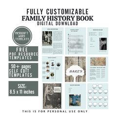 the family history book is shown in blue and green tones with text that reads fully customizable family history book