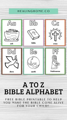 the abc to z bible alphabet printables are shown in four different colors and font