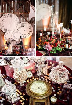 a collage of photos with clocks, candles and other things on display in them