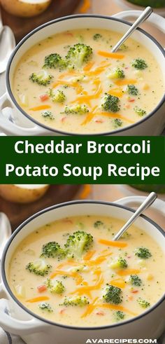 two bowls of cheddar broccoli potato soup