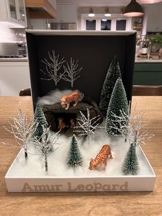 an open box with some fake trees and animals in the snow on top of it