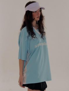 Composition : Shell : POLY 88%; SPAN12% / Contrast : POLY 100%Color : Light BlueCountry of Origin : Republic of Korea Oversized Blue Half Sleeve Top, Light Blue Crew Neck Top With Text Print, Light Blue Casual Half Sleeve Top, Light Blue Half Sleeve Casual Top, Light Blue Text Print Tops For Streetwear, Light Blue Tops With Text Print For Streetwear, Light Blue Relaxed Fit Sporty Top, Blue Half Sleeve T-shirt With Relaxed Fit, Blue Half Sleeve Cotton T-shirt