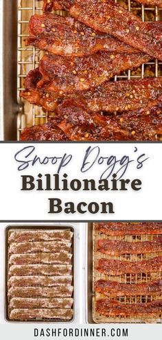 some bacon is cooking on a grill with the words, snoop pope's billionaire bacon