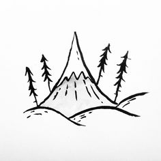 a black and white drawing of a mountain with pine trees on it's top