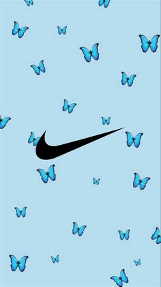 a blue background with butterflies and a black nike logo on the bottom right corner,