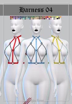 three female mannequins with different colored ties and collars on their chest