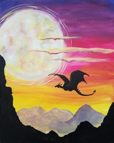 an acrylic painting of a dragon flying in front of a full moon over mountains