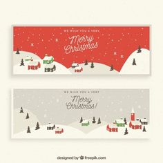 two christmas banners with houses and trees