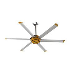 a ceiling fan with four white and yellow blades on the blade, one light is turned on