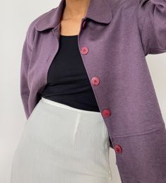 "Vintage purple jacket. Made in USA. In great condition, minimal wear. Measurements: Size: M Shoulder to shoulder: 18\" Length: 22.5\" Sleeve: 21\" Material: 86% Acrylic 14% Polyester Vintage and pre-loved items are one of a kind and may have minor imperfections. The color of the item may vary slightly due to lighting. The model in the photos wears a size XS/S and is 5'3\". We cannot be certain that an item will fit you. Please refer to the measurements. All Sales Final" Single Breasted Purple Outerwear For Fall, Purple Single-breasted Outerwear For Fall, Fall Purple Single Breasted Outerwear, Purple Button-up Outerwear For Work, Purple Button-up Outerwear With Button Closure, Purple Button-up Outerwear, Classic Purple Outerwear With Buttons, Purple Outerwear With Button Closure For Work, Purple Casual Blazer For Fall