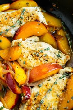 chicken and peaches in a skillet with text overlay