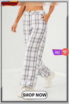 Plaid Print Button Pocket Casual Pants for Women Everyday Style Casual, Casual Pants For Women, Pocket Sweatpants, Button Style, Long Sleeves Coats, Classic Jeans, Women Pants, Stretch Leggings, Fashion Website