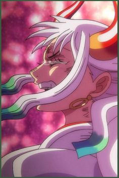 an anime character with white hair and purple eyes looking to the side in front of a colorful background