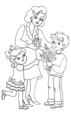 a woman giving flowers to two children