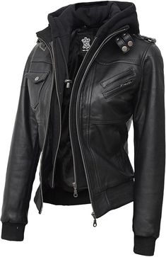 Decrum Real Leather Jacket Women, Removable Hood Bomber Jacket Women Fall Fashion Outfits Winter Clothes at Amazon Women's Coats Shop The 100 Clothes, Black Leather Jacket Outfit Women, Buckle Outfits, Womens Black Leather Jacket, Leather Jacket With Hood, Soft Design, Leather Jacket Style, Jackets Women, Mötley Crüe