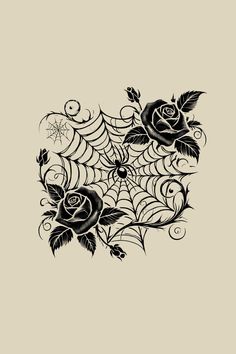 a black and white drawing of roses with spider web on the bottom, against a beige background