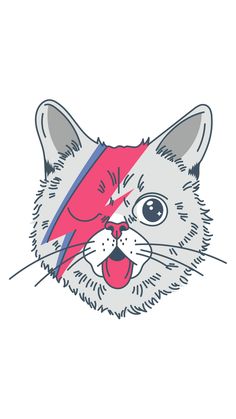 a drawing of a cat with a lightning bolt on it's head and tongue sticking out