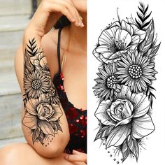 44699418951892 Tattoo Back Cover Up For Women, Lower Back Skull Tattoos For Women, Tattoos For Moms With Two Sons, Rose Lily Sunflower Tattoo, Flower Sleeve Tattoo Women, Upper Side Tattoos Women Ribs, Feminine Sleeve Filler, Deer Sleeve Tattoo For Women, Leg Sleeves For Females Western