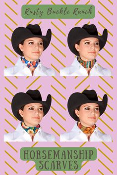 four different pictures of a woman wearing a cowboy hat and bandana, with the words horseman's scarves on it