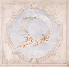 two cherubs are flying in the sky with one holding a cupidine